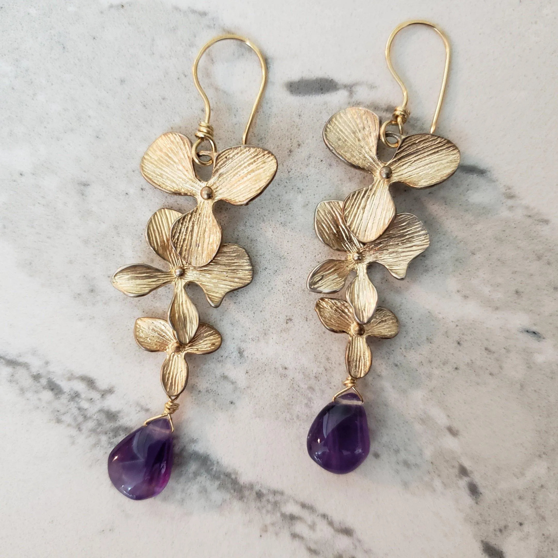 Gold floral amethyst drop earrings