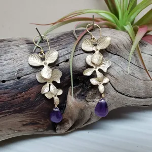 Gold floral amethyst drop earrings