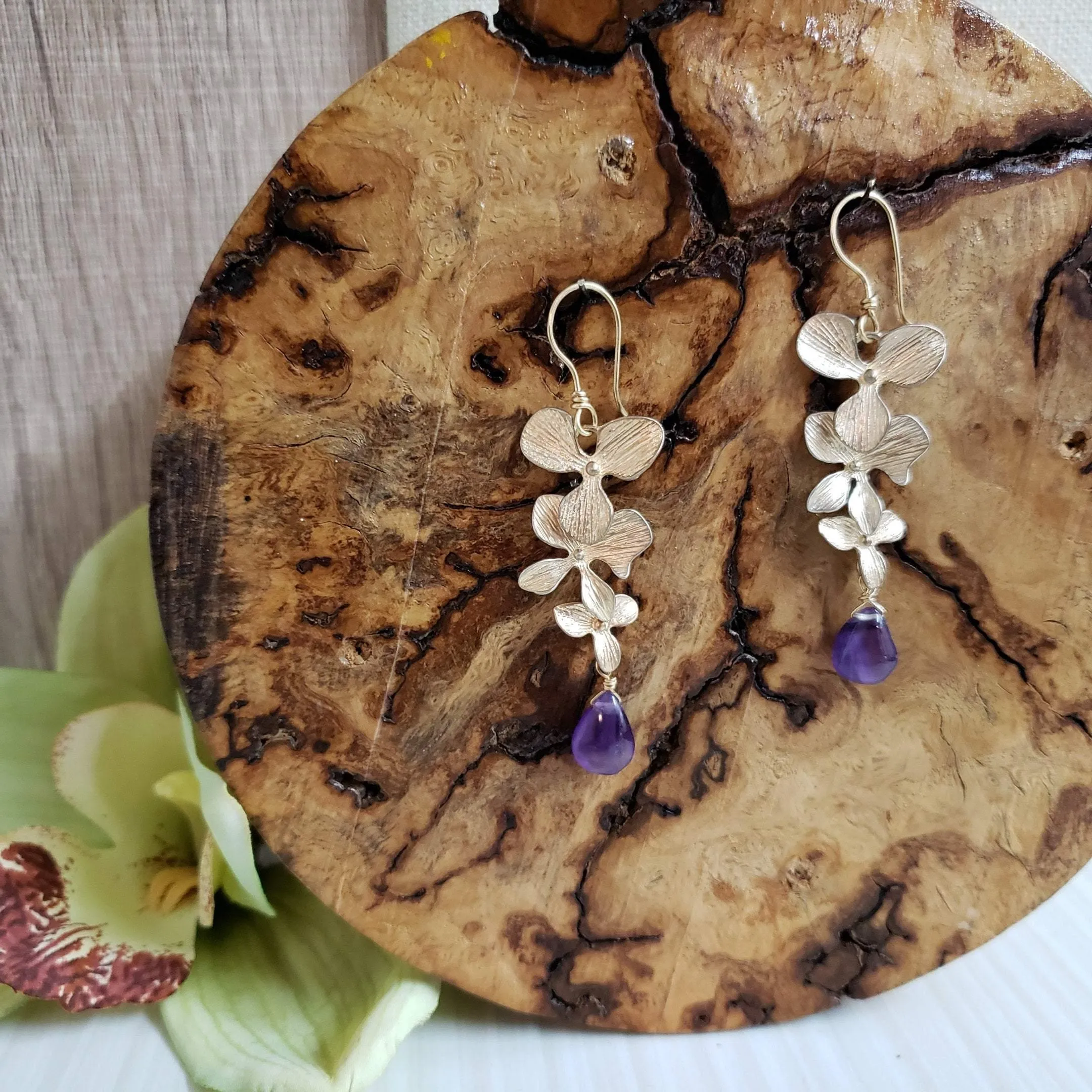 Gold floral amethyst drop earrings