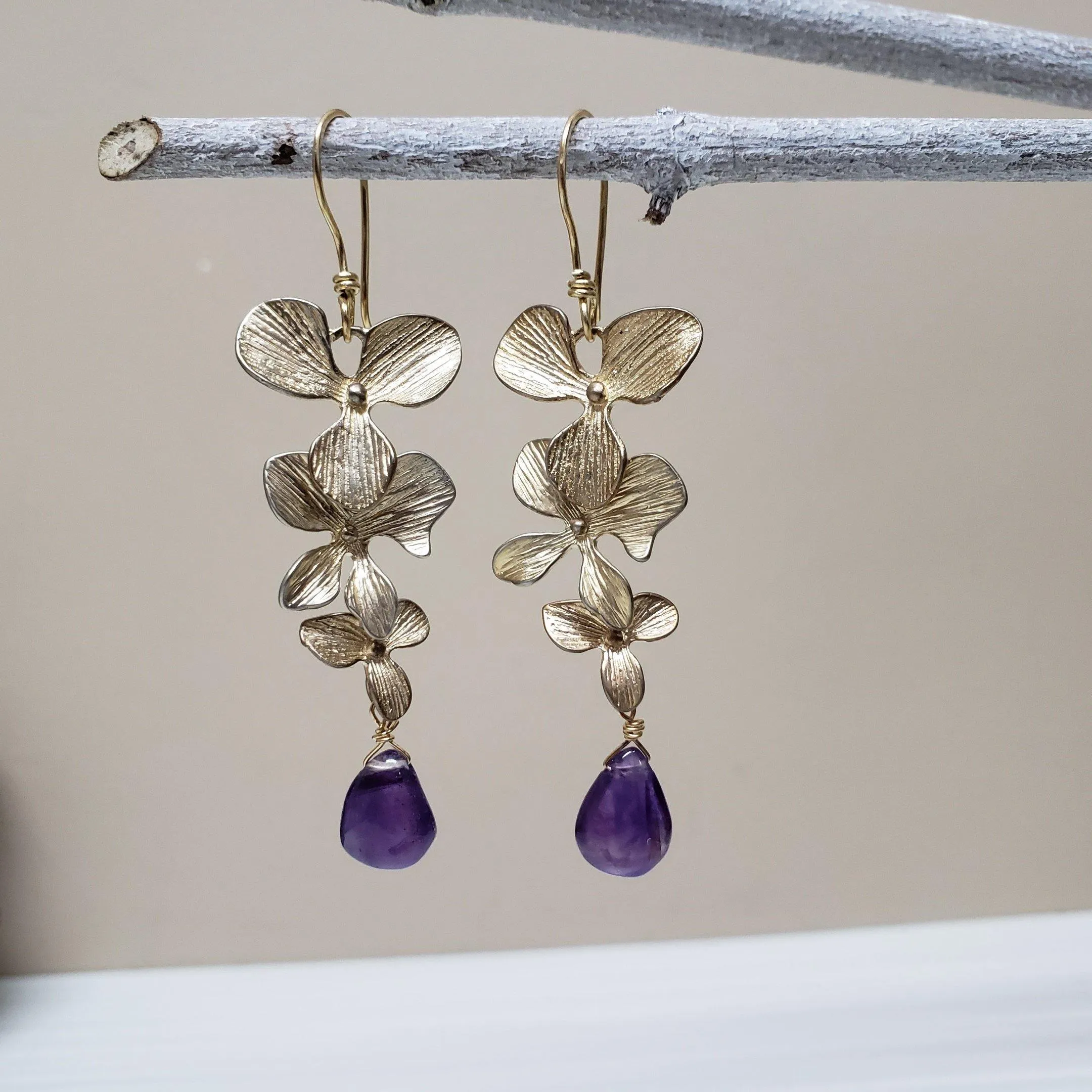 Gold floral amethyst drop earrings
