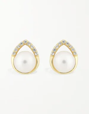 Golden Teardrop Freshwater Pearl and Cubic Zirconia Stud Earrings