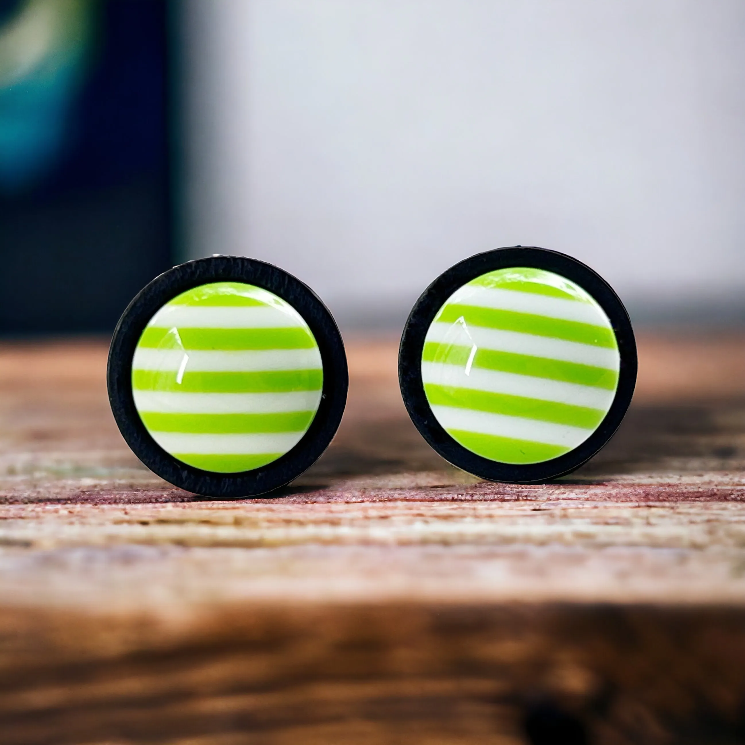Green & White Striped Black Wood Stud Earrings - Chic & Stylish Accessories