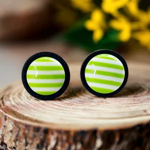 Green & White Striped Black Wood Stud Earrings - Chic & Stylish Accessories