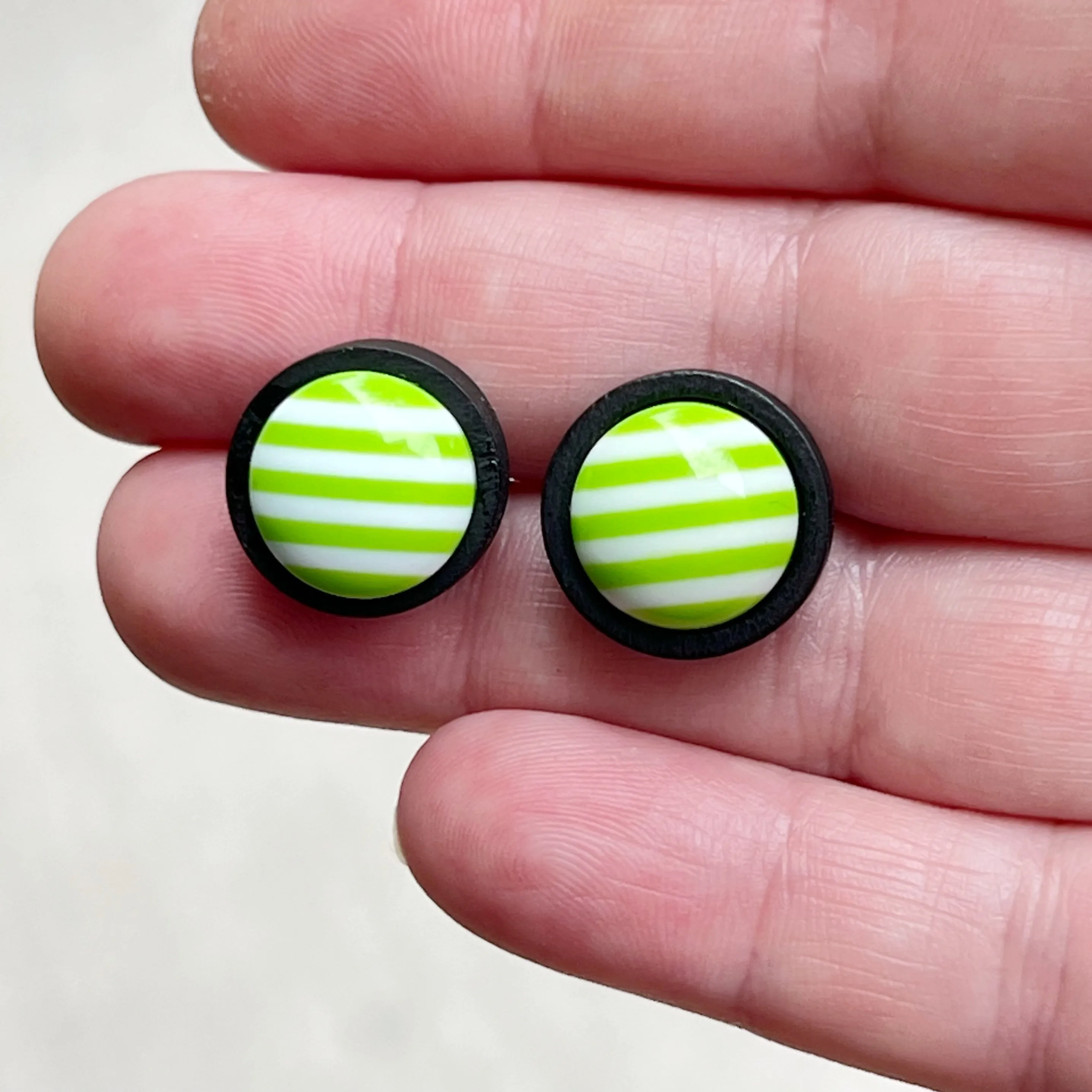 Green & White Striped Black Wood Stud Earrings - Chic & Stylish Accessories