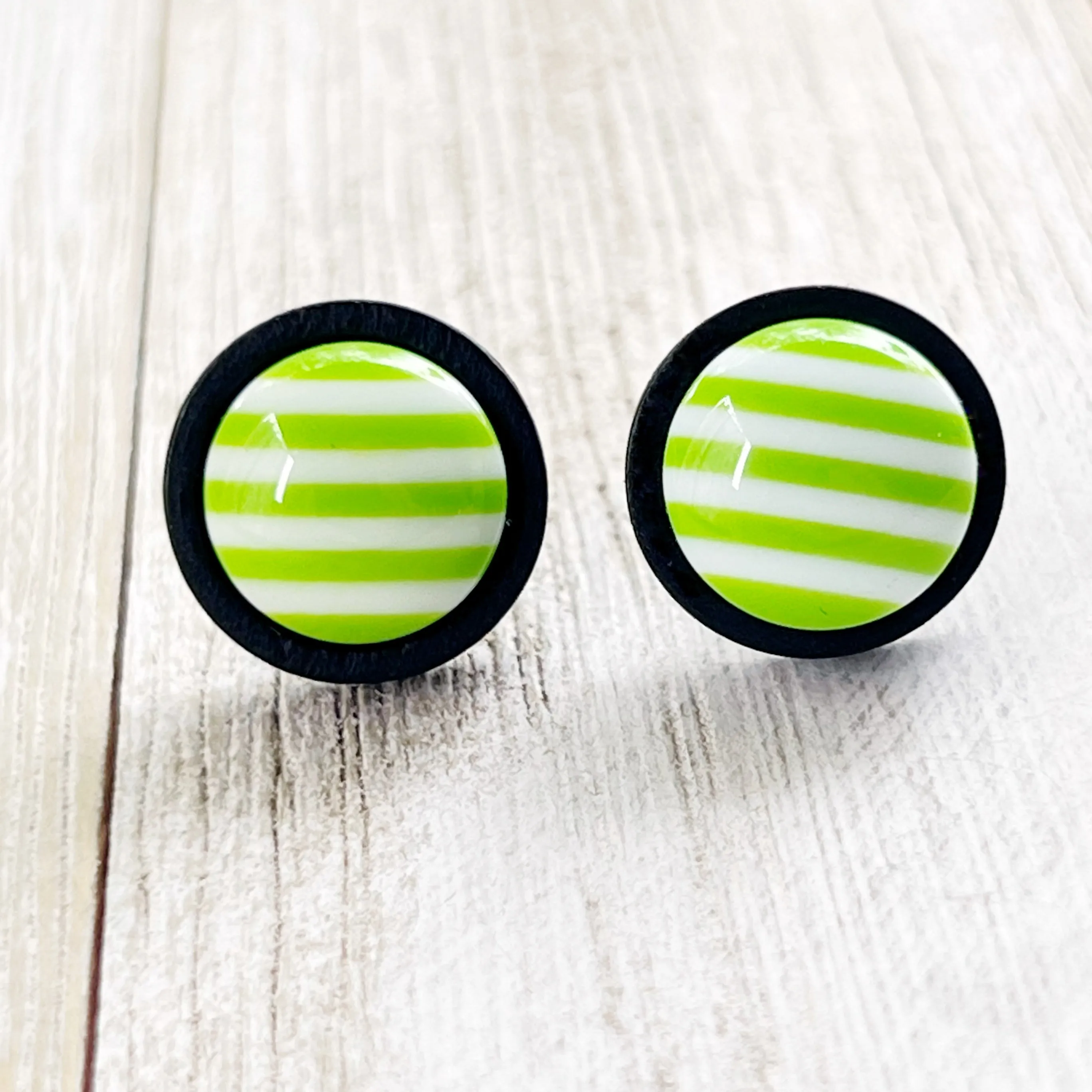 Green & White Striped Black Wood Stud Earrings - Chic & Stylish Accessories