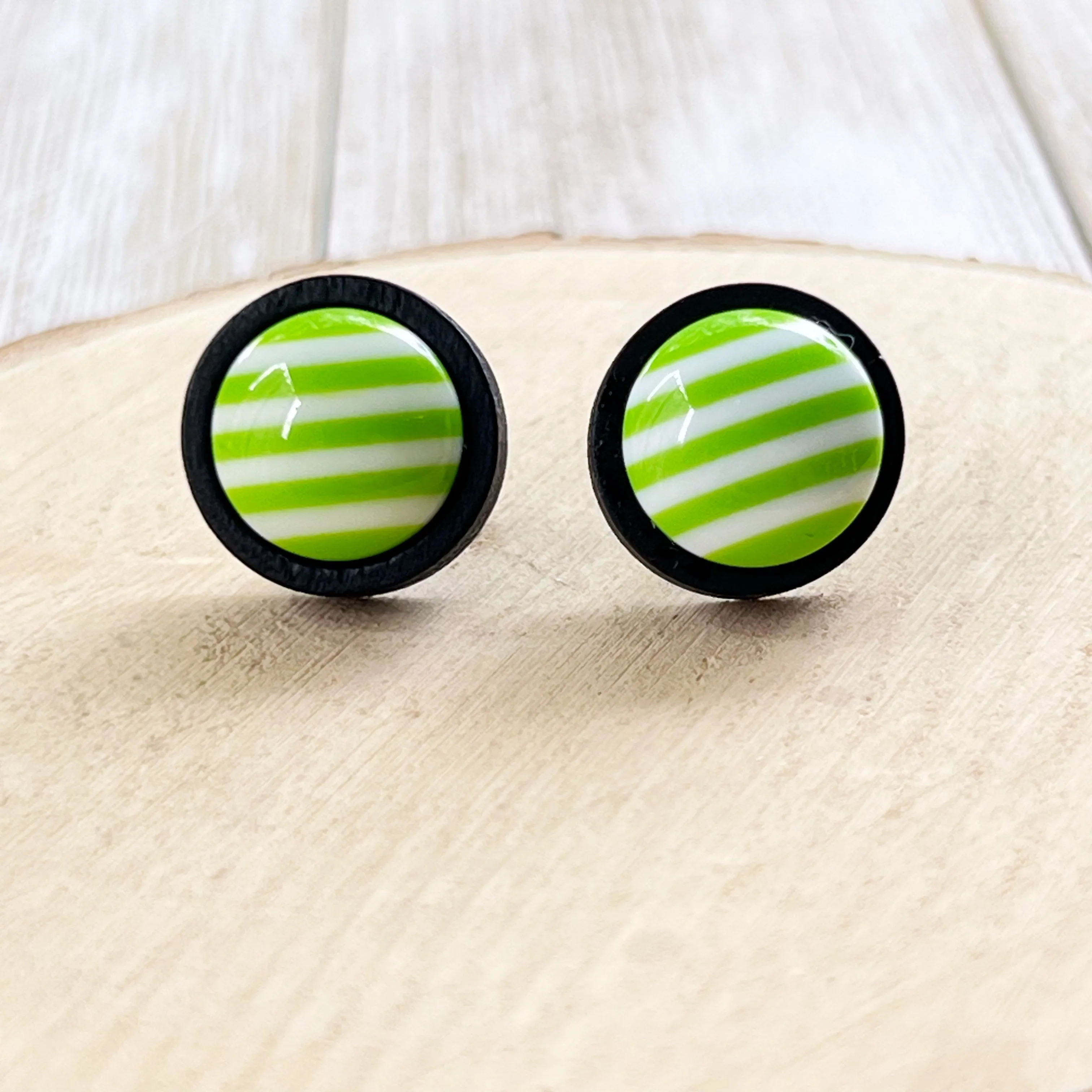 Green & White Striped Black Wood Stud Earrings - Chic & Stylish Accessories