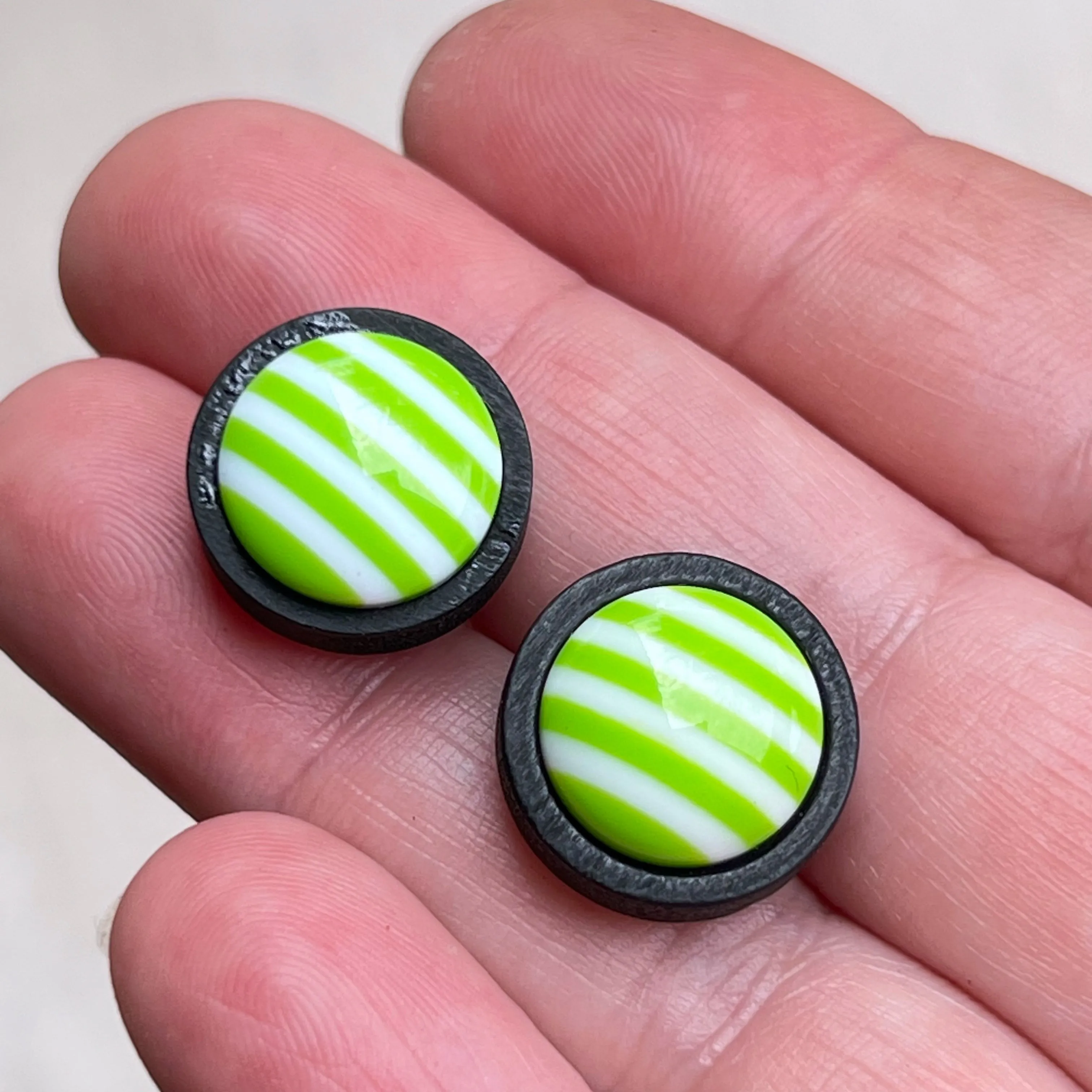 Green & White Striped Black Wood Stud Earrings - Chic & Stylish Accessories