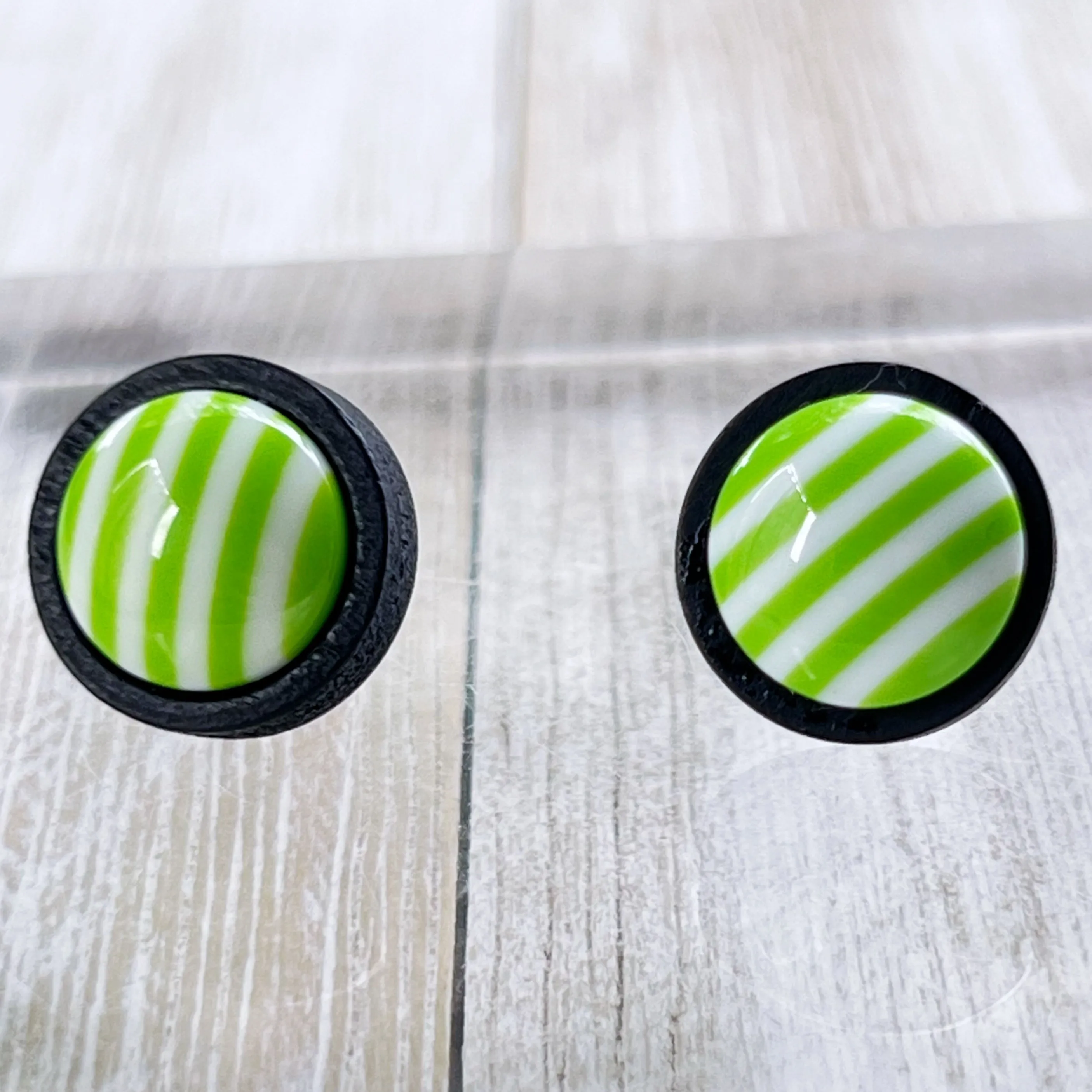 Green & White Striped Black Wood Stud Earrings - Chic & Stylish Accessories