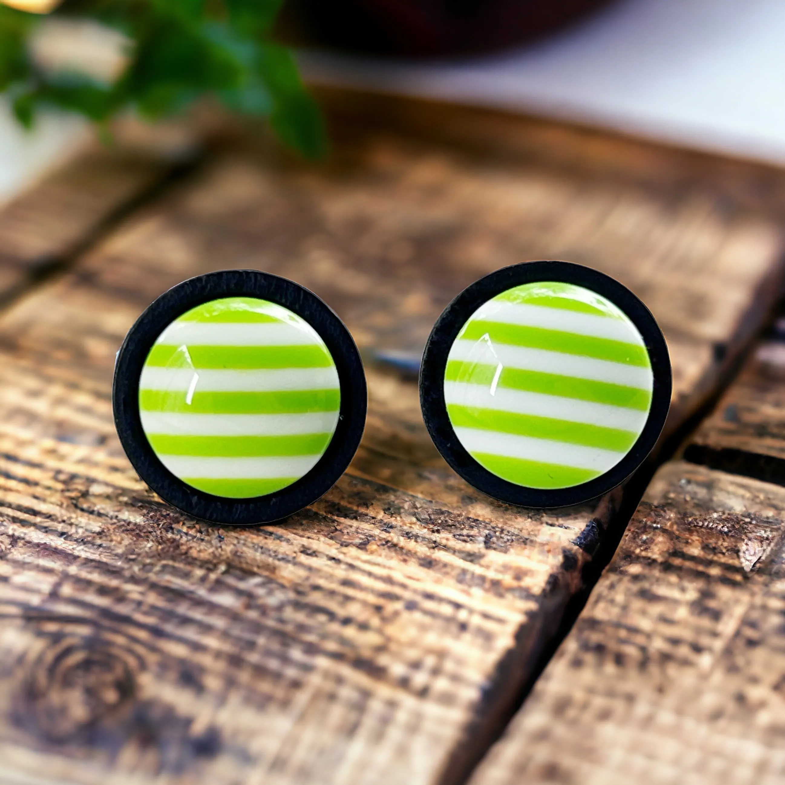 Green & White Striped Black Wood Stud Earrings - Chic & Stylish Accessories