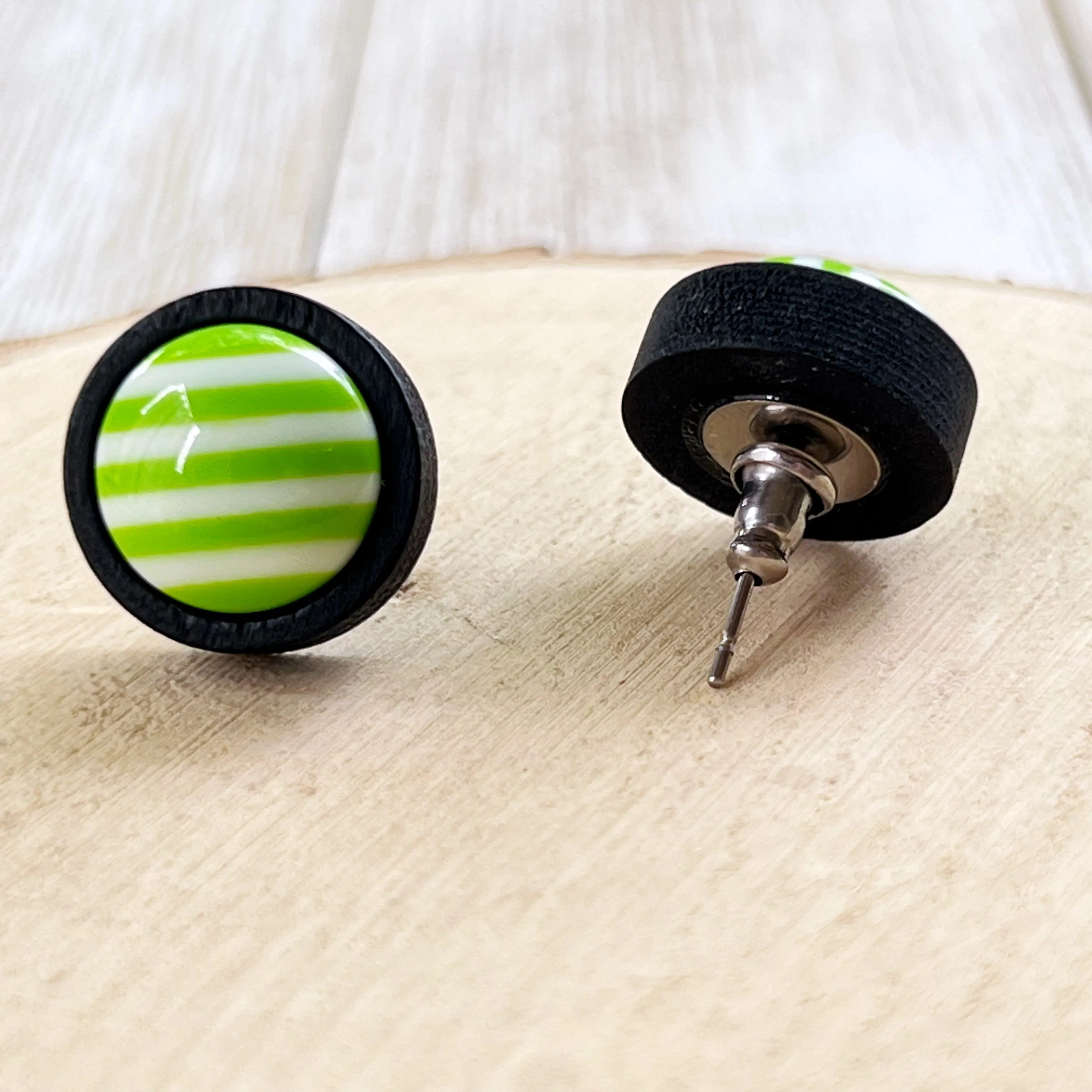 Green & White Striped Black Wood Stud Earrings - Chic & Stylish Accessories