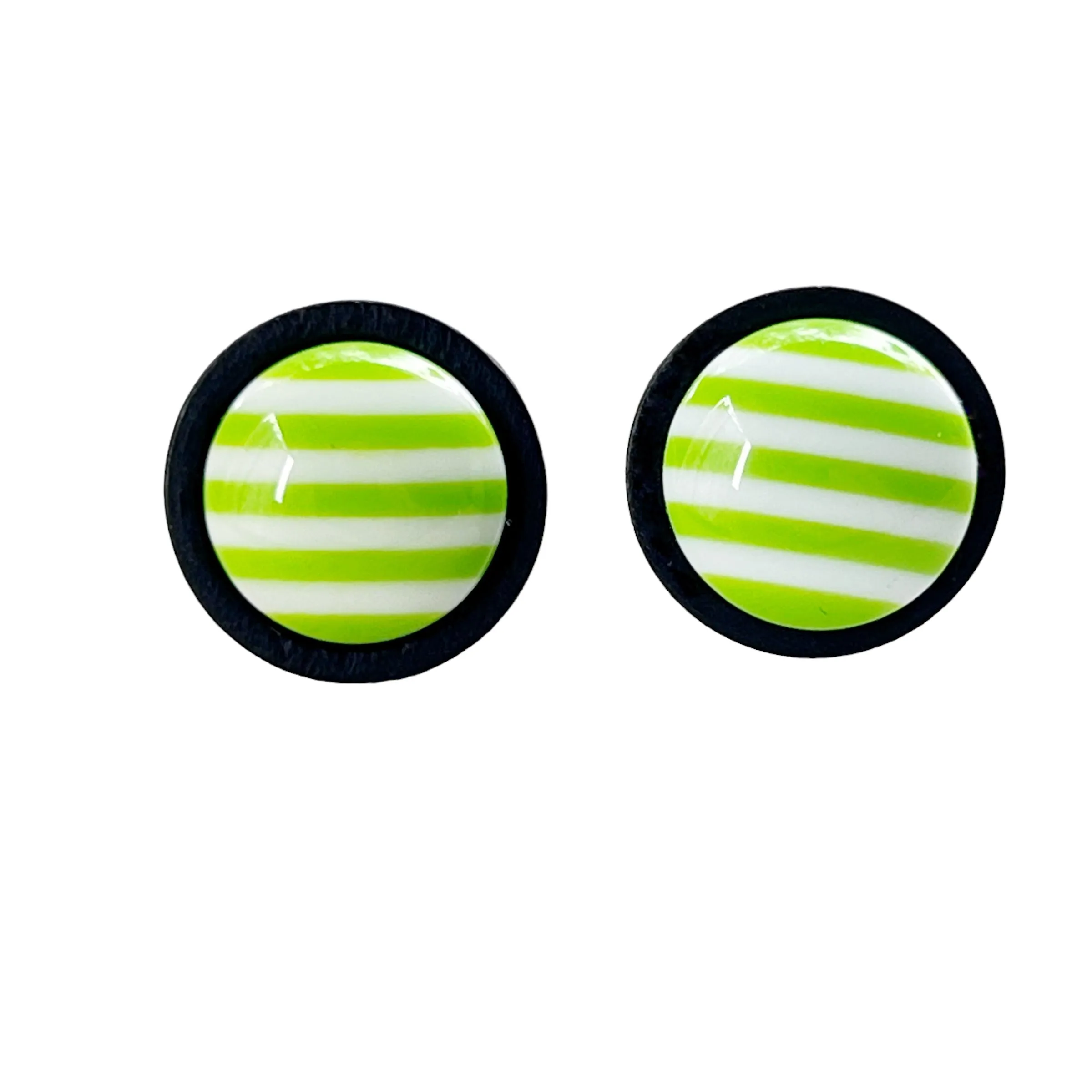 Green & White Striped Black Wood Stud Earrings - Chic & Stylish Accessories