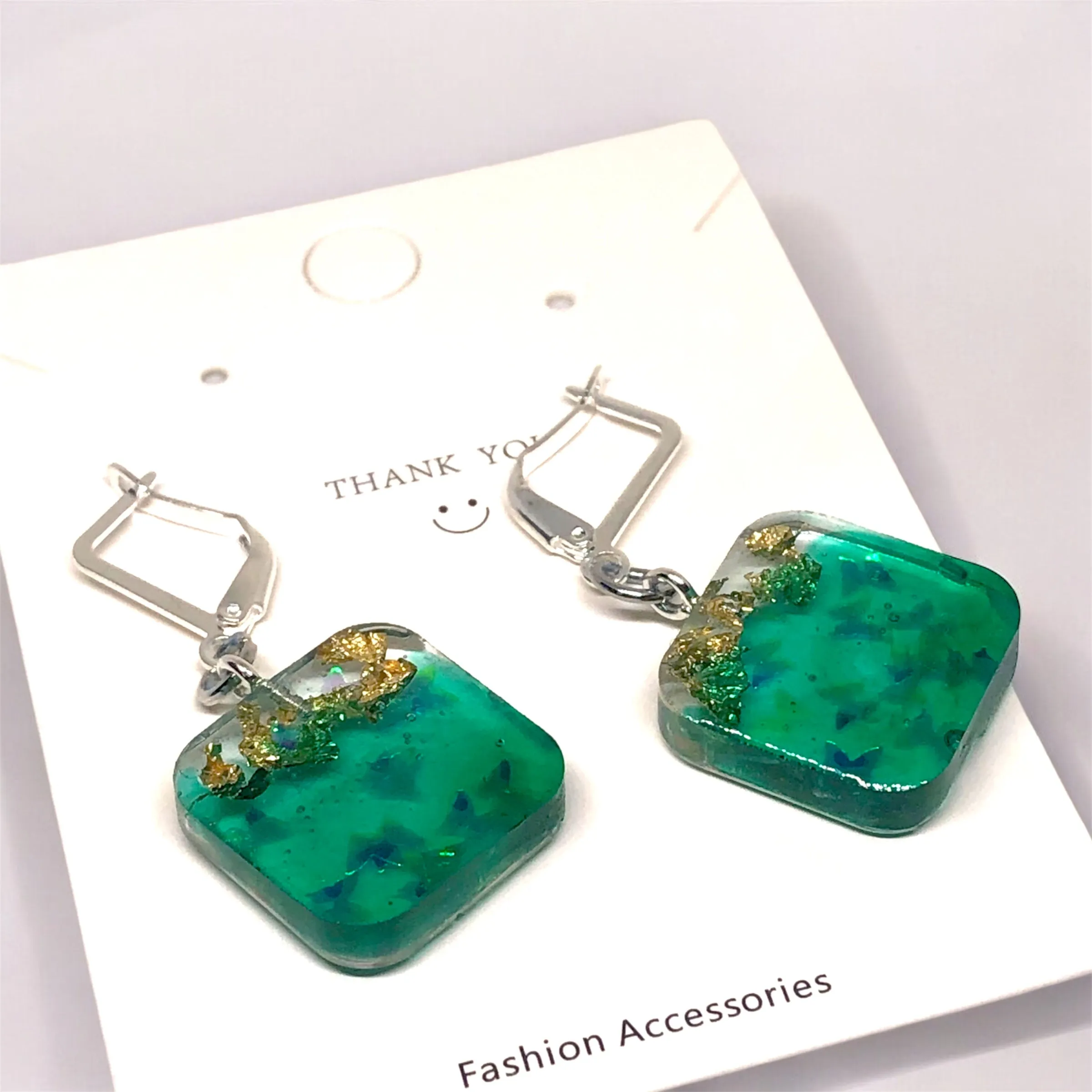 Green Simple Elegance Resin Earrings with S29 Silver Huggies