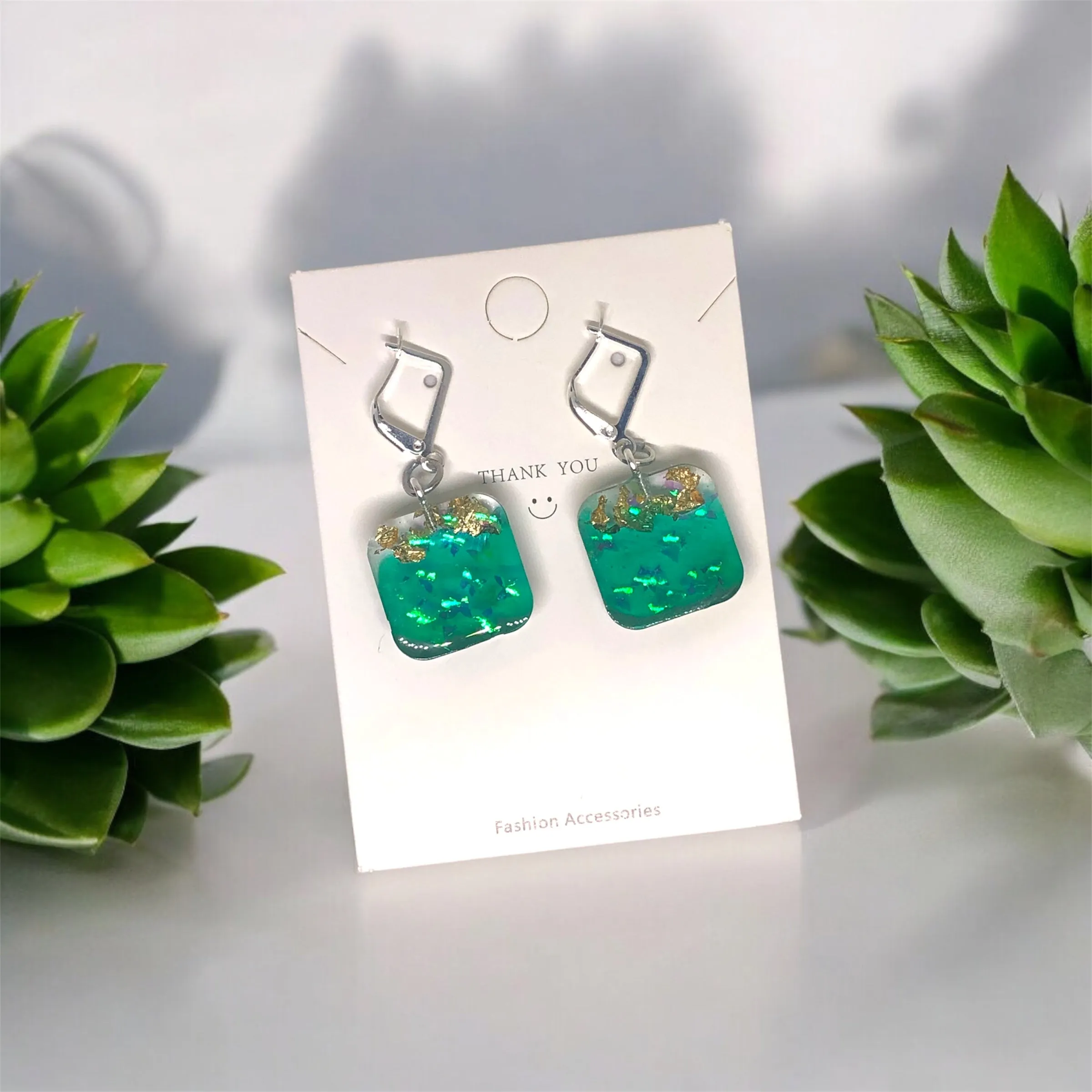Green Simple Elegance Resin Earrings with S29 Silver Huggies
