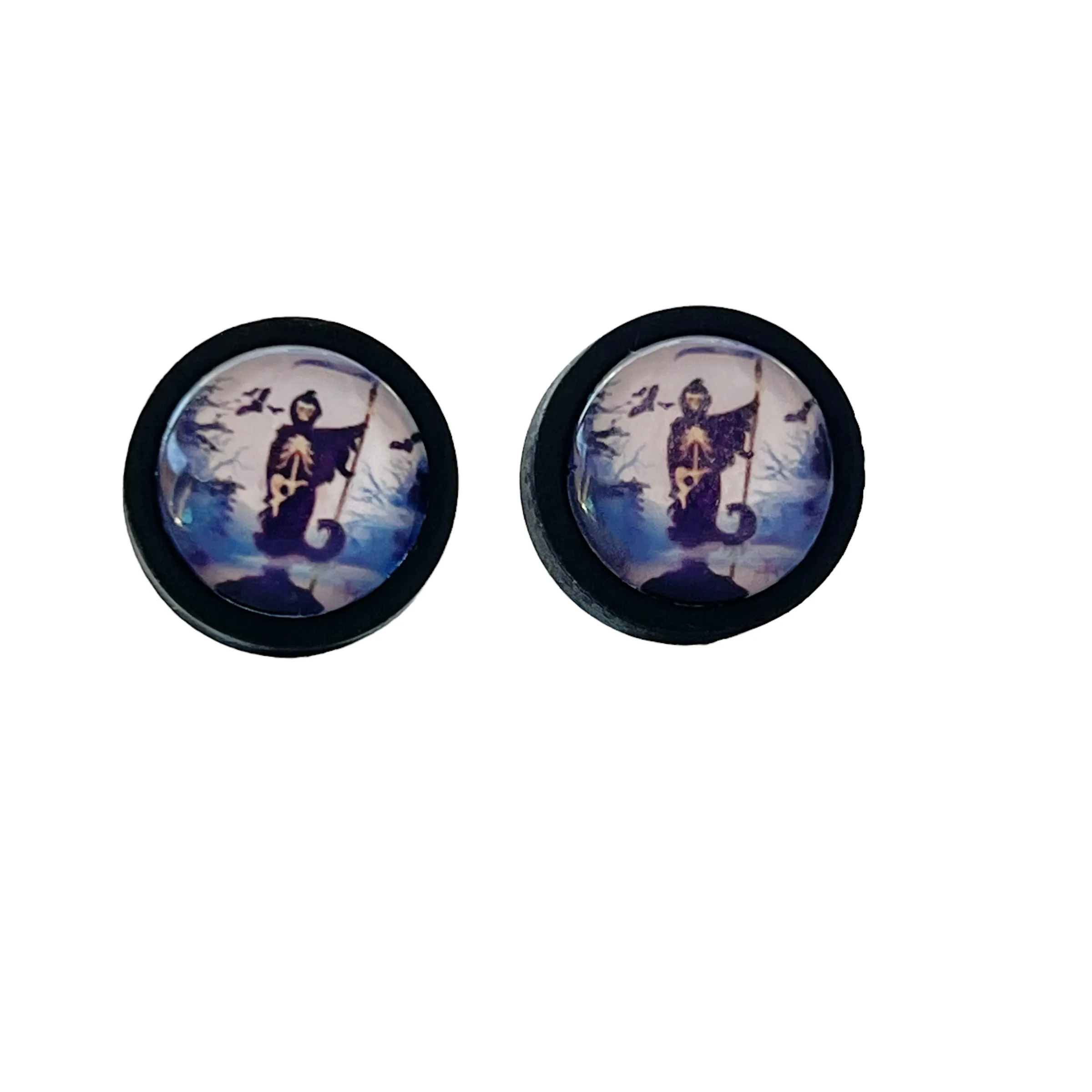 Grim Reaper Black Wood Stud Earrings - Spooky and Stylish Halloween Accessories