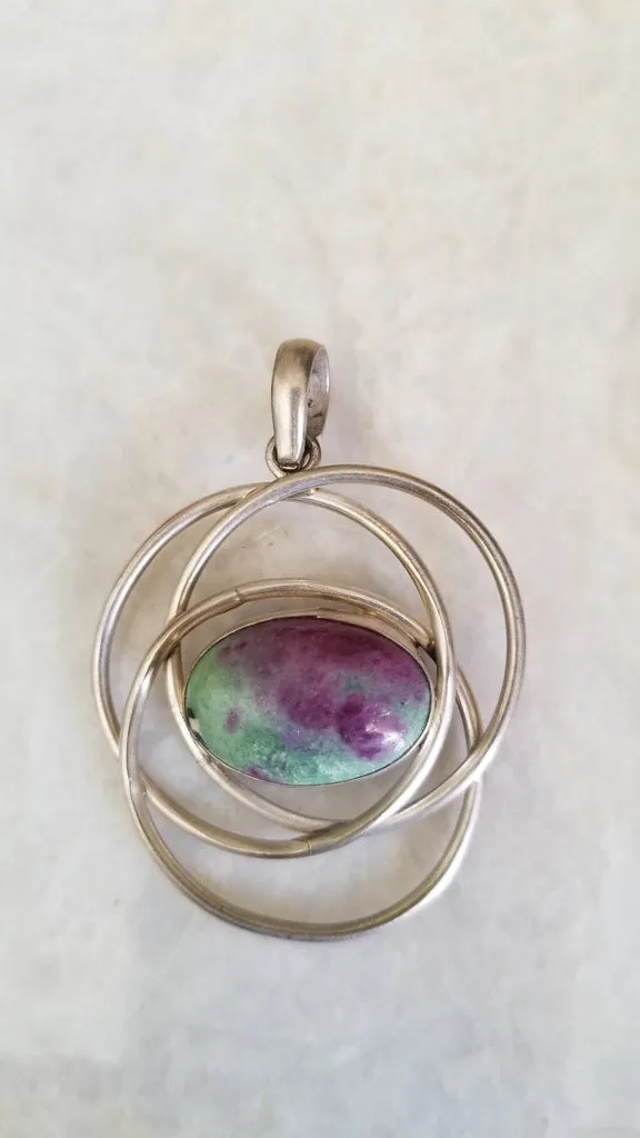 Hand Wrapped Natural Ruby Zoisite Unique Silver Pendant