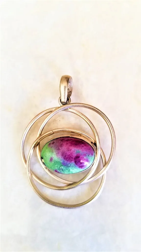 Hand Wrapped Natural Ruby Zoisite Unique Silver Pendant