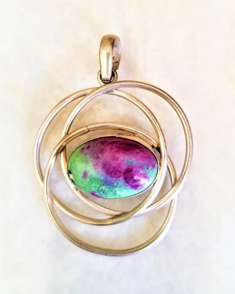 Hand Wrapped Natural Ruby Zoisite Unique Silver Pendant