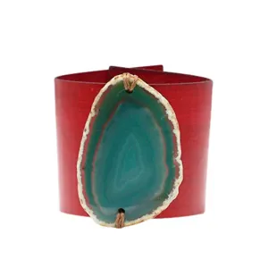 HANDCRAFTED CUFF - RED LEATHER WITH GREEN AGATE - 6CMREGR