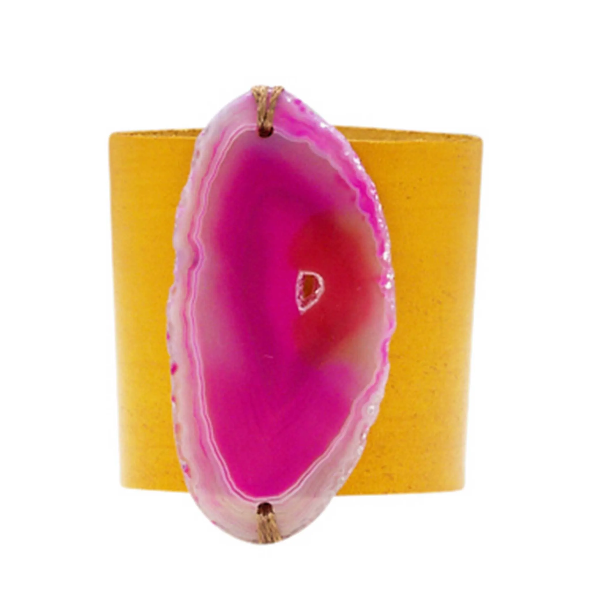 HANDCRAFTED CUFF - YELLOW LEATHER WITH PINK AGATE - 6CMYEPI