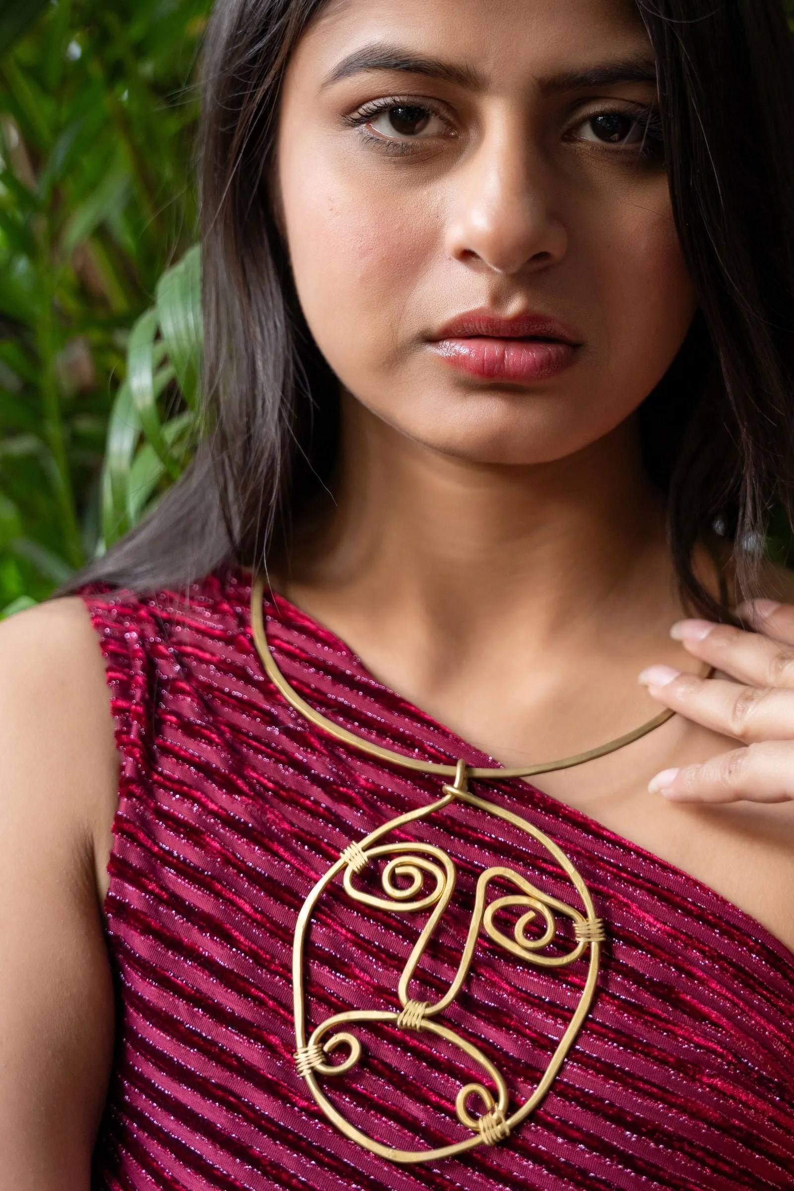 Handmade Dokra Brass Abstract Face Spiral Necklace - Unique Artistic Statement Jewelry