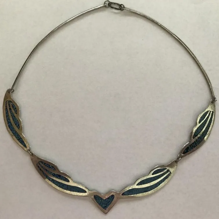 Handmade Mexico Alpaca Silver & Turquoise Choker 18" Necklace