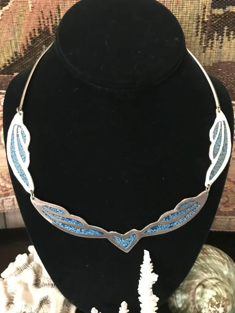 Handmade Mexico Alpaca Silver & Turquoise Choker 18" Necklace
