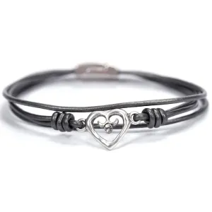 Heart on heart with crystal on multi leather bracelet
