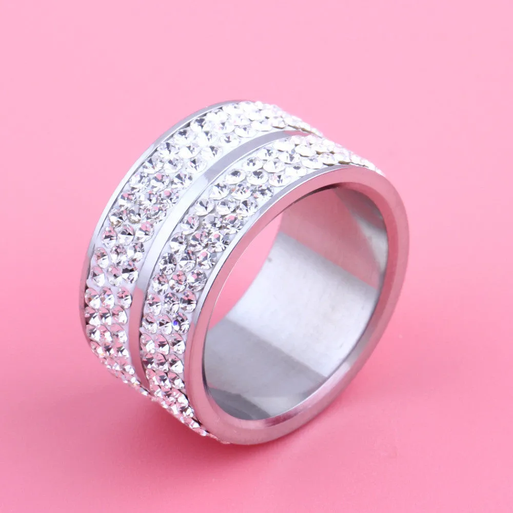 High Quality Classic Stainless Steel 6 Row Crystal Jewelry Wedding Ring