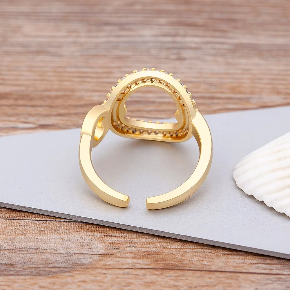 Hot Sale Copper Zircon Europe Trendy Crystal Heart Open Ring Women