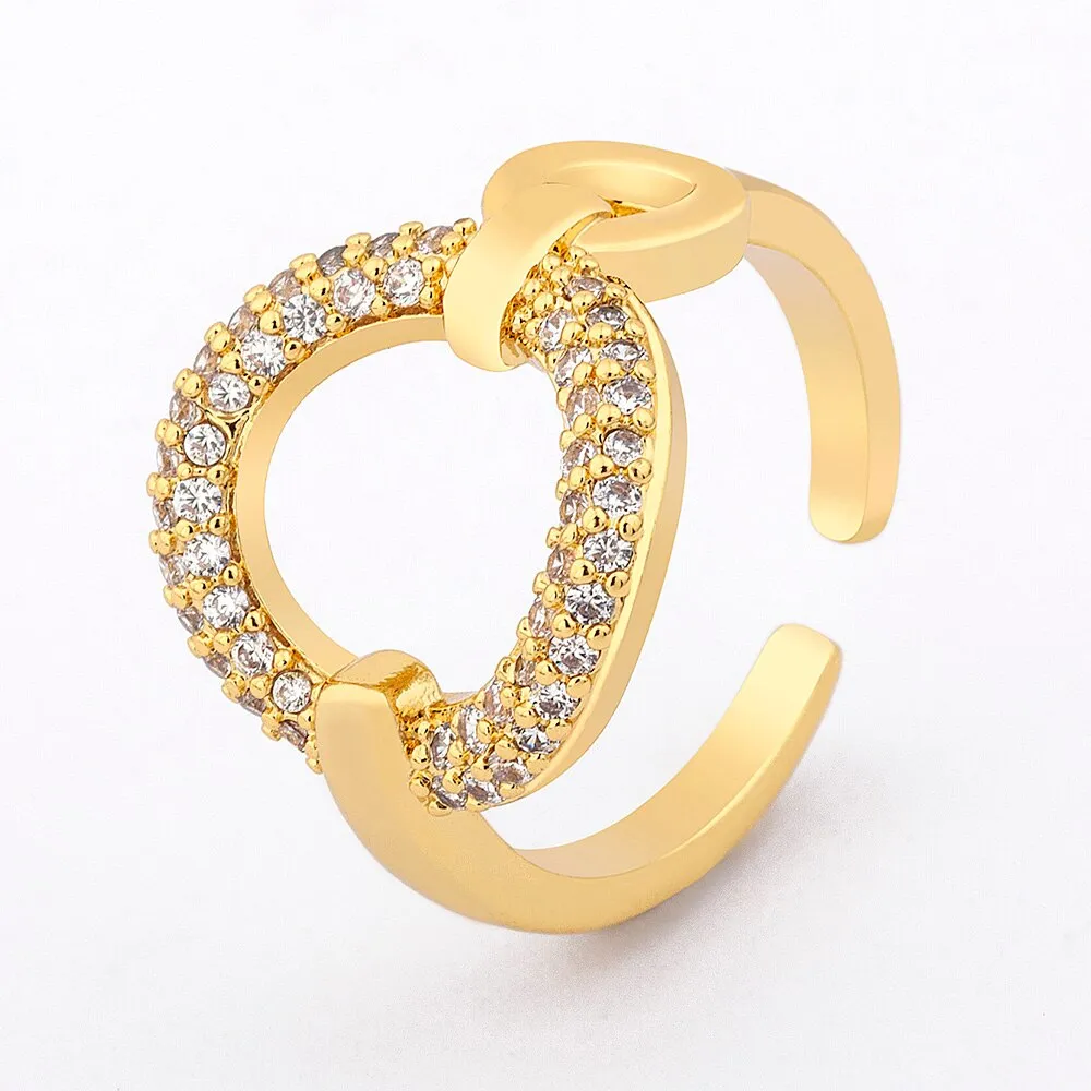 Hot Sale Copper Zircon Europe Trendy Crystal Heart Open Ring Women