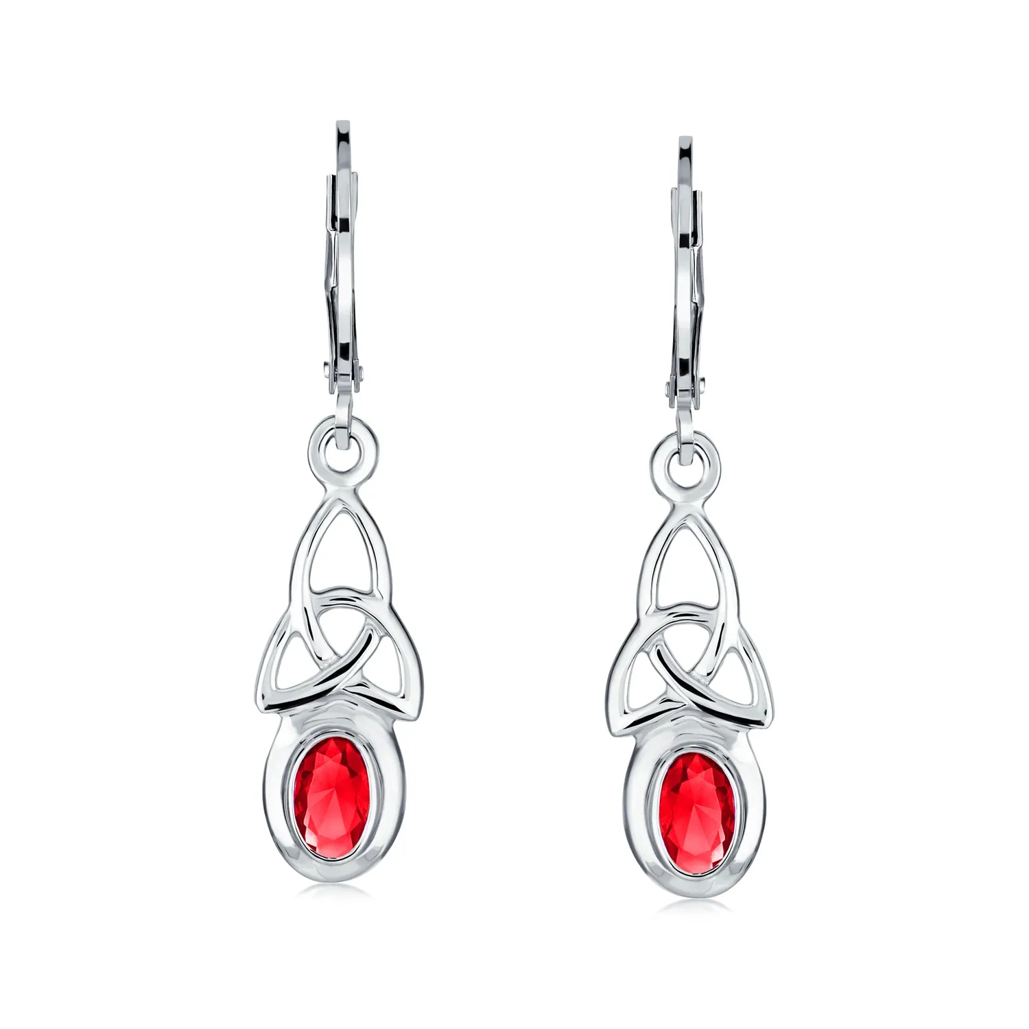 Irish Love Knot Oval Bezel Simulated Ruby Dangle Earrings Sterling Silver