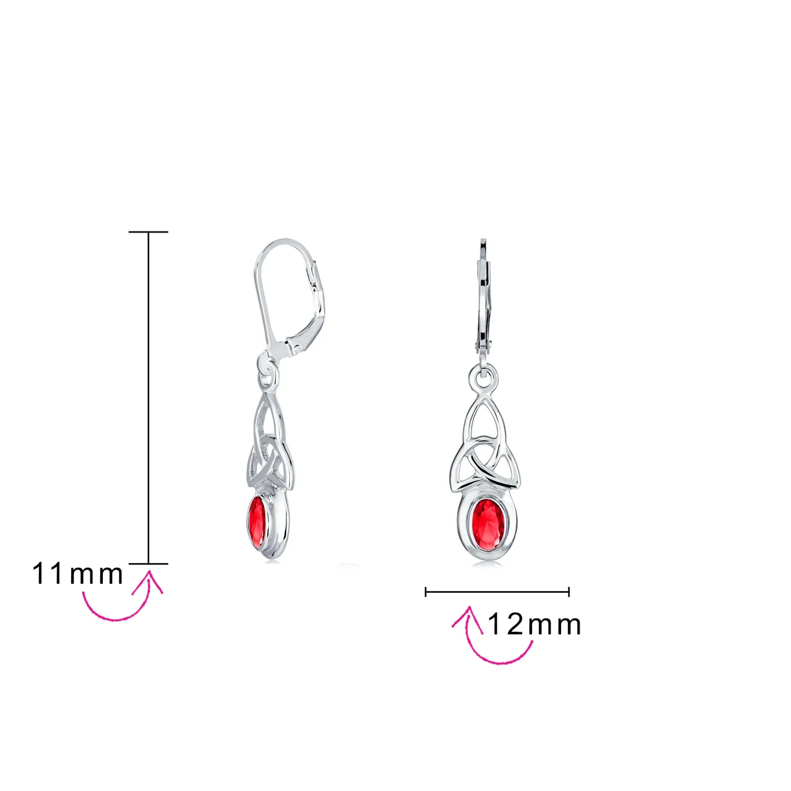 Irish Love Knot Oval Bezel Simulated Ruby Dangle Earrings Sterling Silver