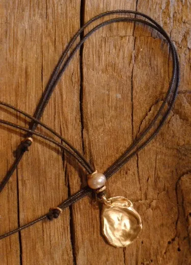 Jamie Joseph Coin Necklace in 14K Yellow Gold with Pearl on Leather Cord