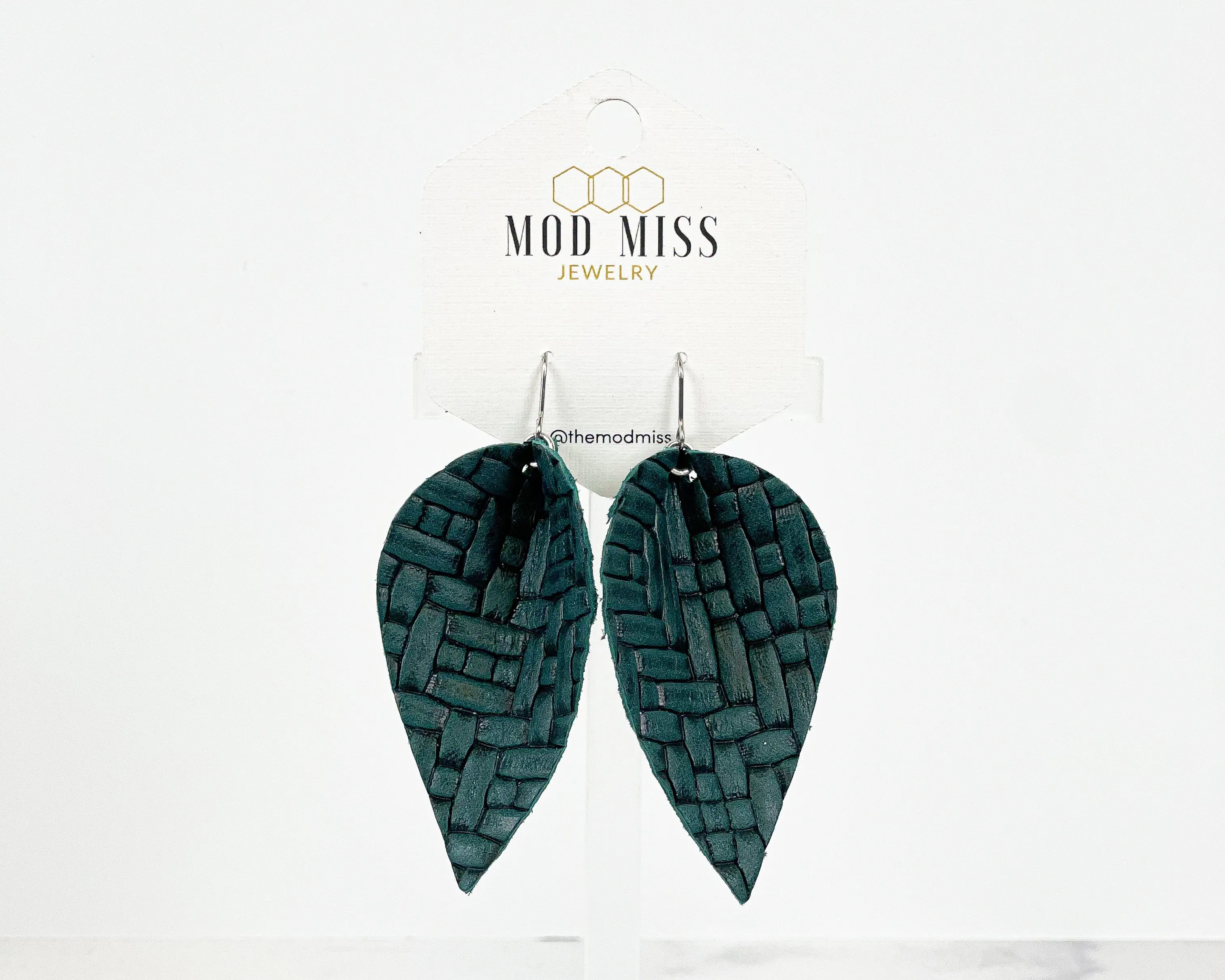 Leather Petal Earring "Basket Weaved Dark Teal"