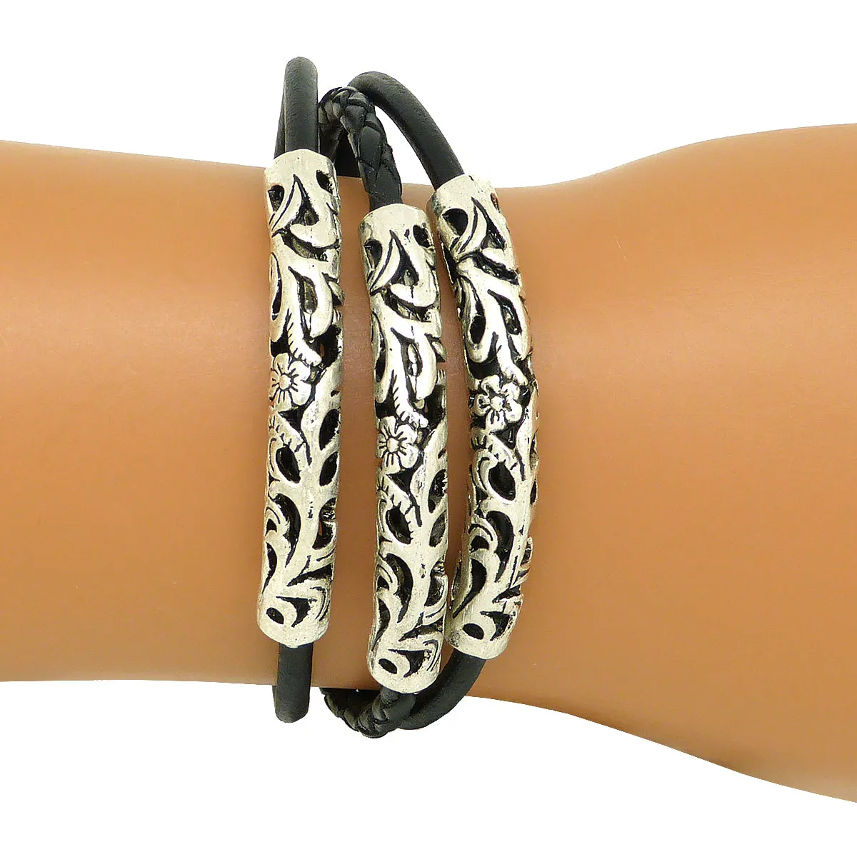 Lilly's Allure Triple Wrap Tibetan Silver Tube Bracelet Black W77 Wear with Uno de 50