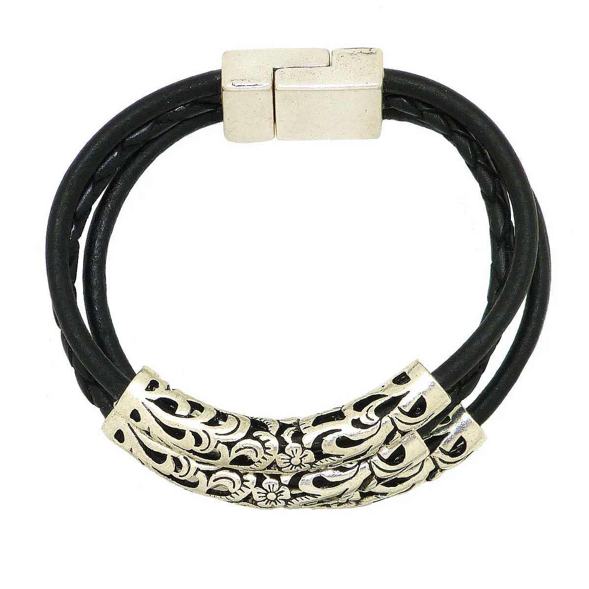 Lilly's Allure Triple Wrap Tibetan Silver Tube Bracelet Black W77 Wear with Uno de 50