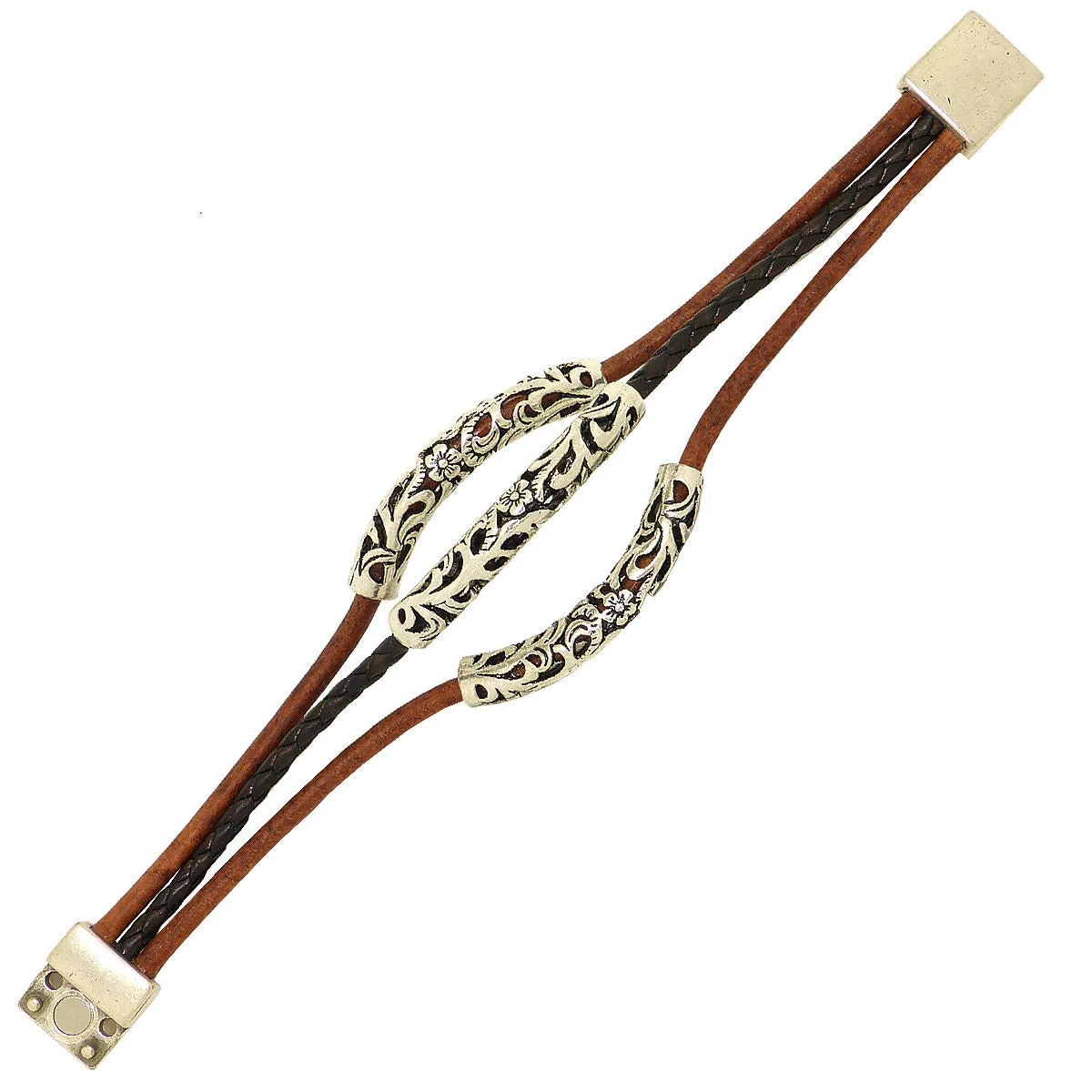 Lilly's Allure Triple Wrap Tibetan Silver Tube Bracelet Brown W77 Wear with Uno de 50