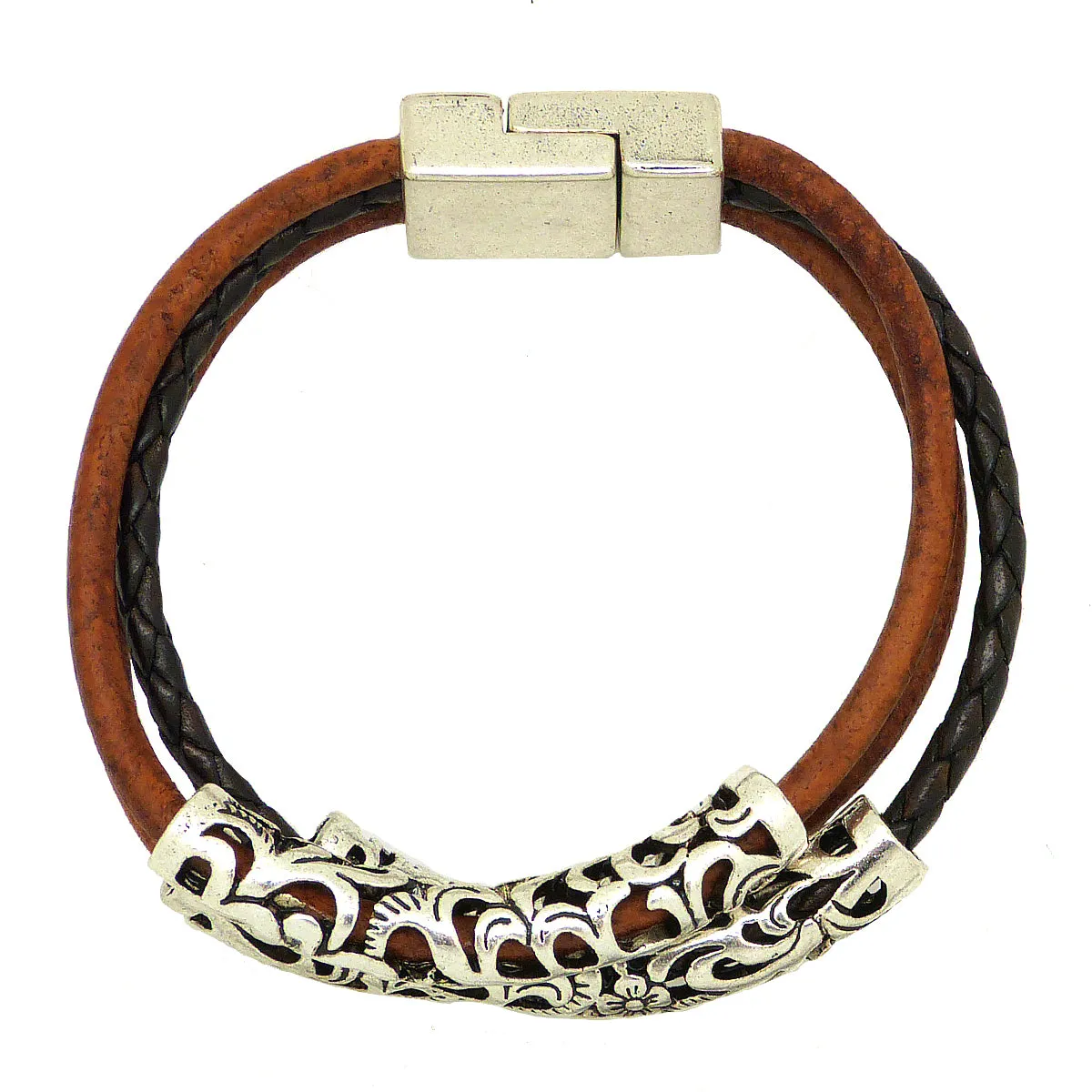 Lilly's Allure Triple Wrap Tibetan Silver Tube Bracelet Brown W77 Wear with Uno de 50