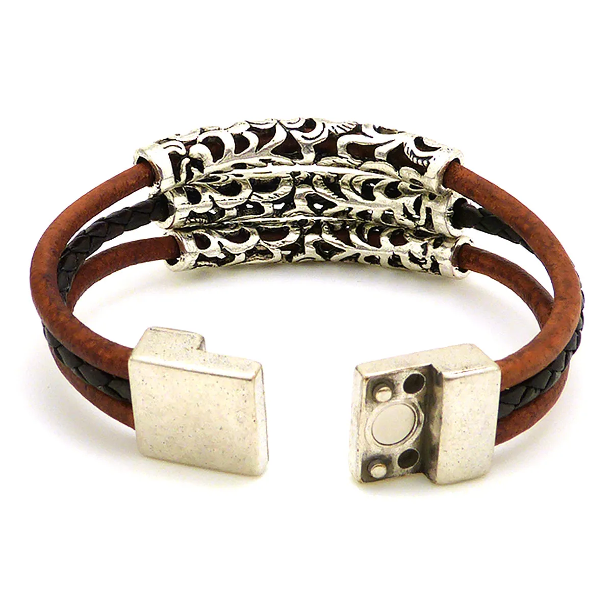 Lilly's Allure Triple Wrap Tibetan Silver Tube Bracelet Brown W77 Wear with Uno de 50