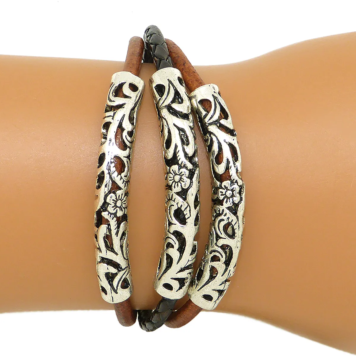 Lilly's Allure Triple Wrap Tibetan Silver Tube Bracelet Brown W77 Wear with Uno de 50