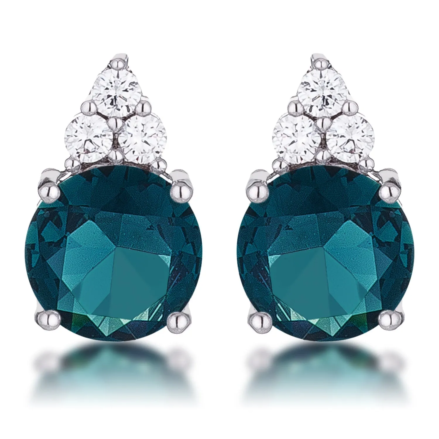 LOVCIA Elegant Rhodium Plated Blue Green CZ Stud Earrings with Trio Accents