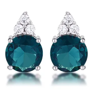 LOVCIA Elegant Rhodium Plated Blue Green CZ Stud Earrings with Trio Accents
