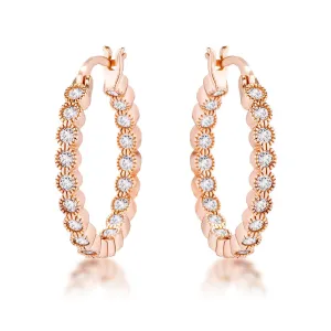 LOVCIA Elegant Rose Gold Plated Hoop Earrings with Dotted Clear CZ Round Bezel