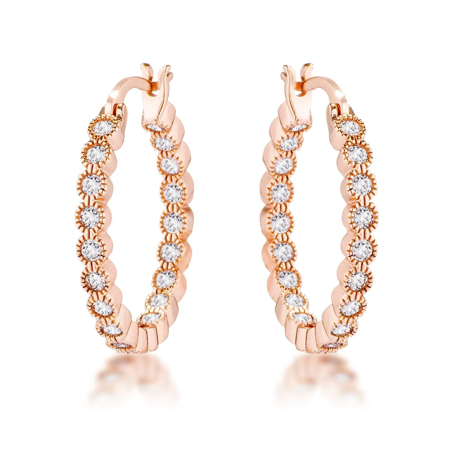 LOVCIA Elegant Rose Gold Plated Hoop Earrings with Dotted Clear CZ Round Bezel