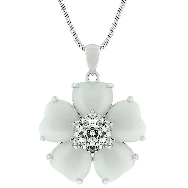 LOVCIA Heart-Shaped White Cat's Eye Floral Pendant with Cubic Zirconia