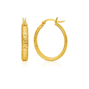 LOVCIA Luxury Elegant 14K Yellow Gold Textured Oval Hoop Earrings