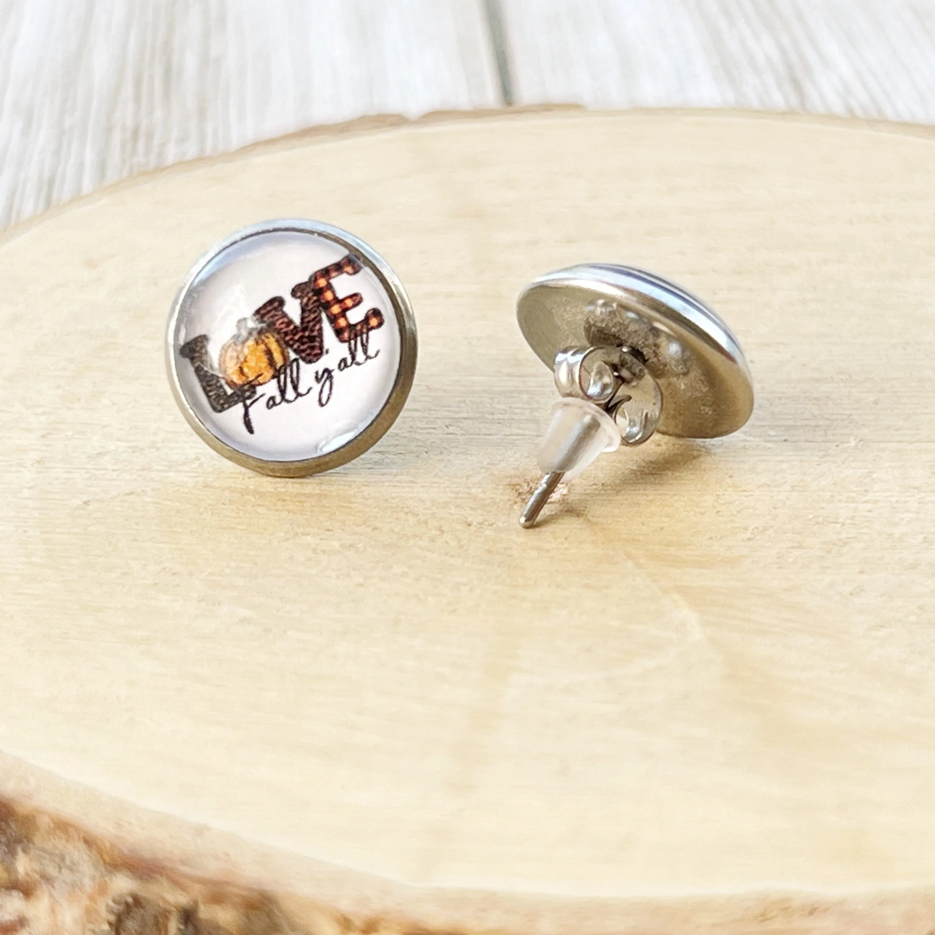 Love Fall Y’all Pumpkin Silver Stud Earrings - Festive & Stylish Accessories
