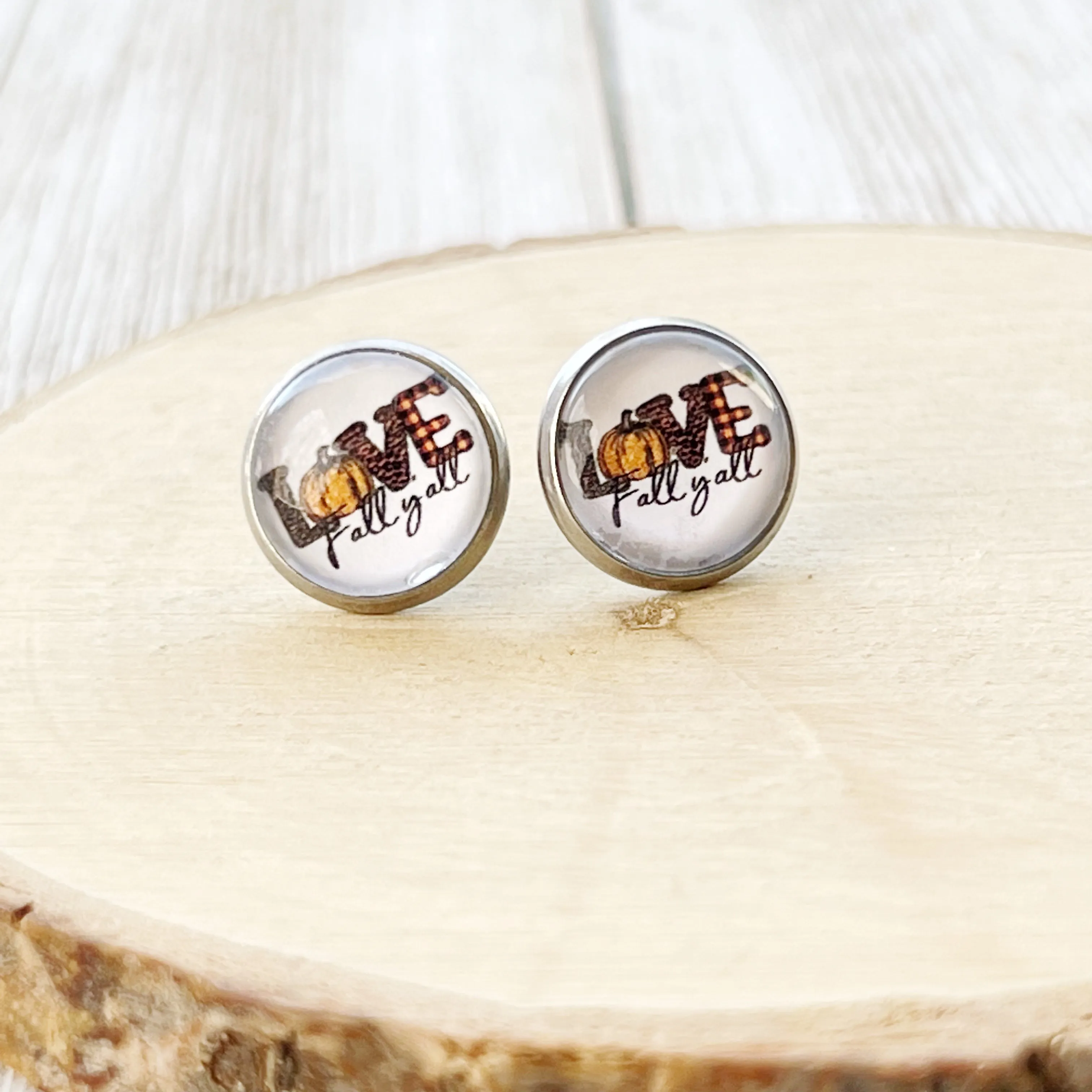 Love Fall Y’all Pumpkin Silver Stud Earrings - Festive & Stylish Accessories