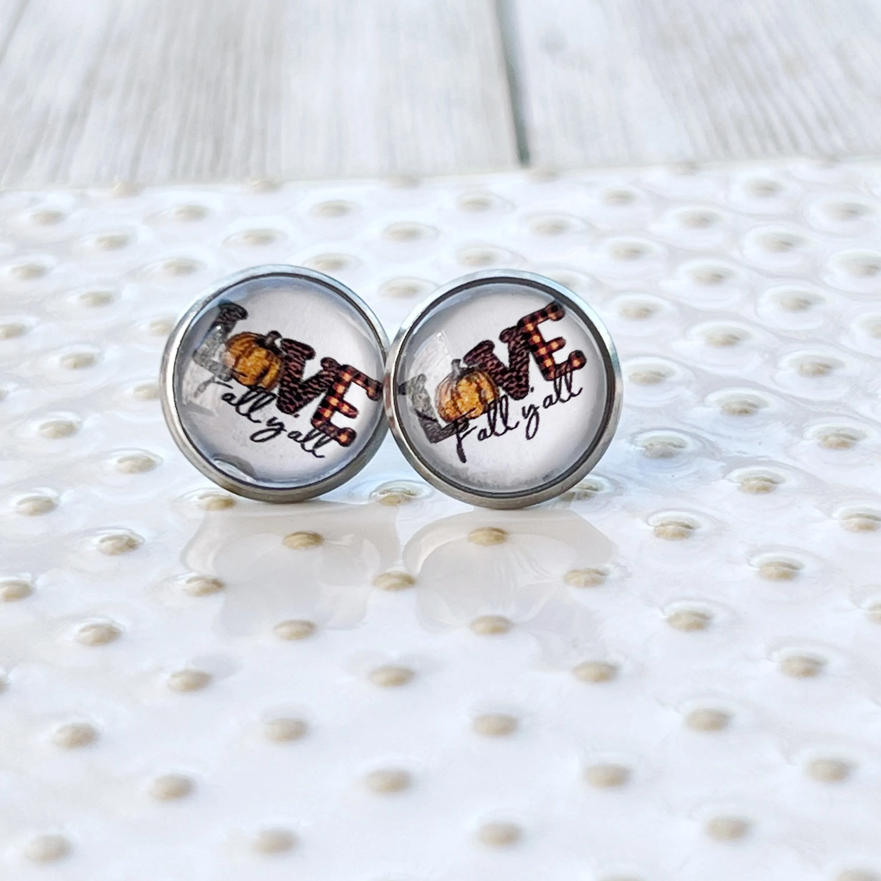 Love Fall Y’all Pumpkin Silver Stud Earrings - Festive & Stylish Accessories