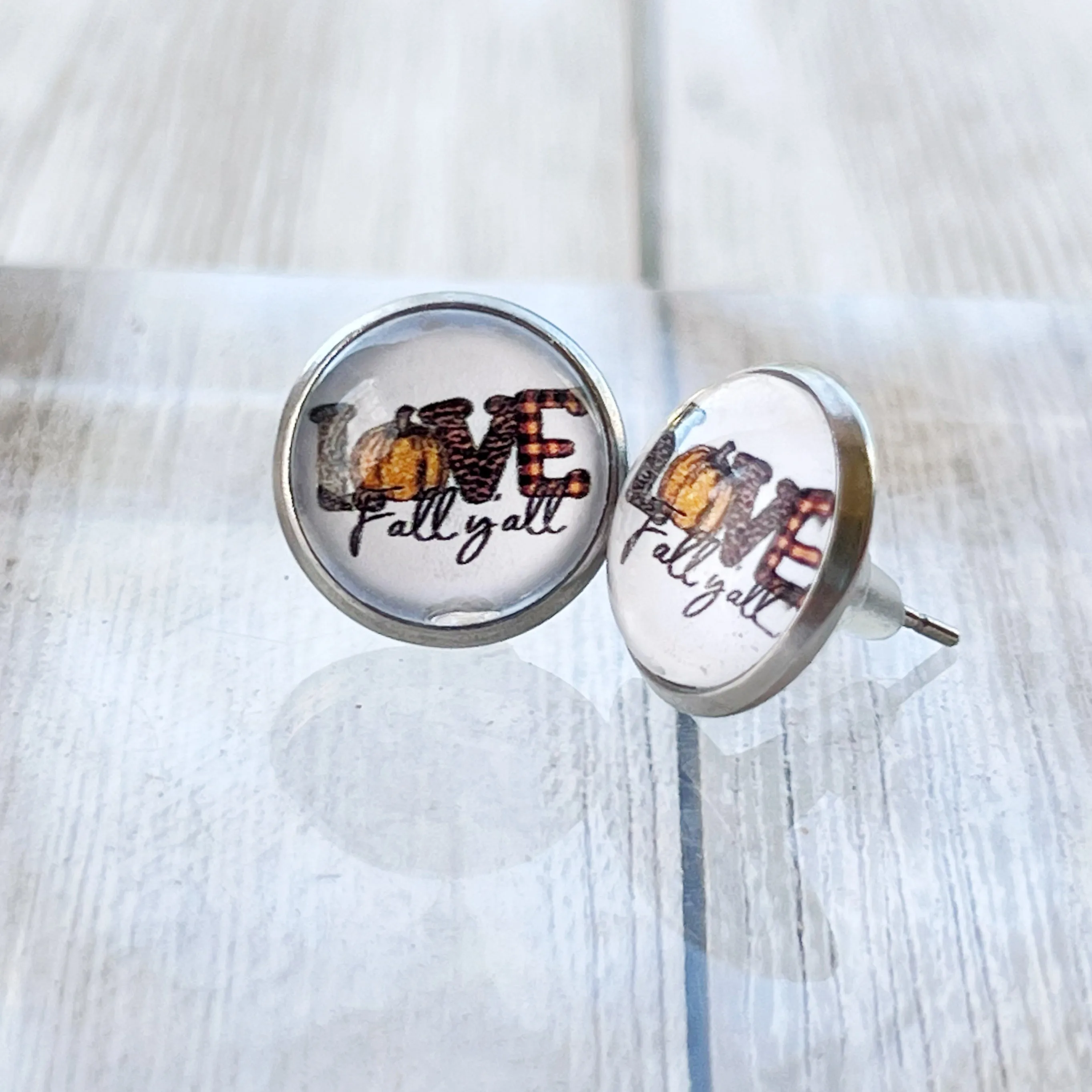 Love Fall Y’all Pumpkin Silver Stud Earrings - Festive & Stylish Accessories